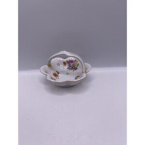Vtg Miniature Gold Star Basket, Floral Japan Porcelain Gilded Rim Nut Salt